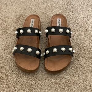 Steve Madden black slide on sandals with pearls